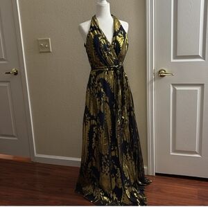 Chetta B Navy Midnight Blue Gold Evening  Maxi Dress Gown